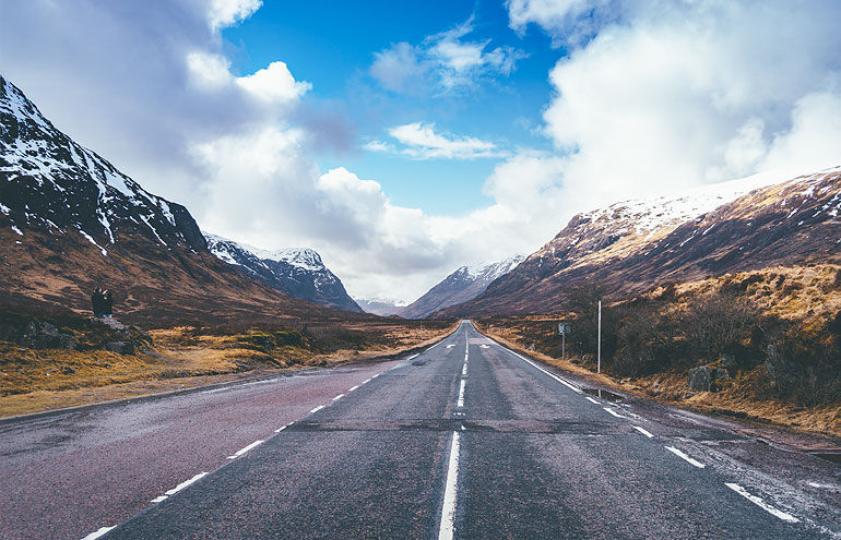 Landscape photography of a road in Scotland
